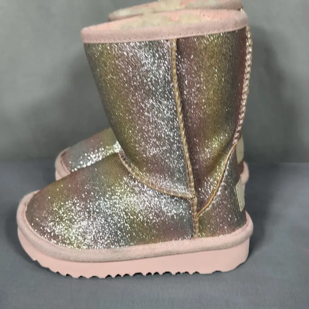 UGG Boots Girls Size 6 Pink Glitter UGGplush Shearling Lined Rainbow Winter